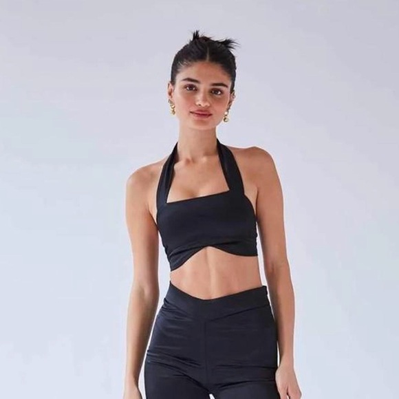 Peachy Den Tops - Peachy Den Satin Black Halter Top